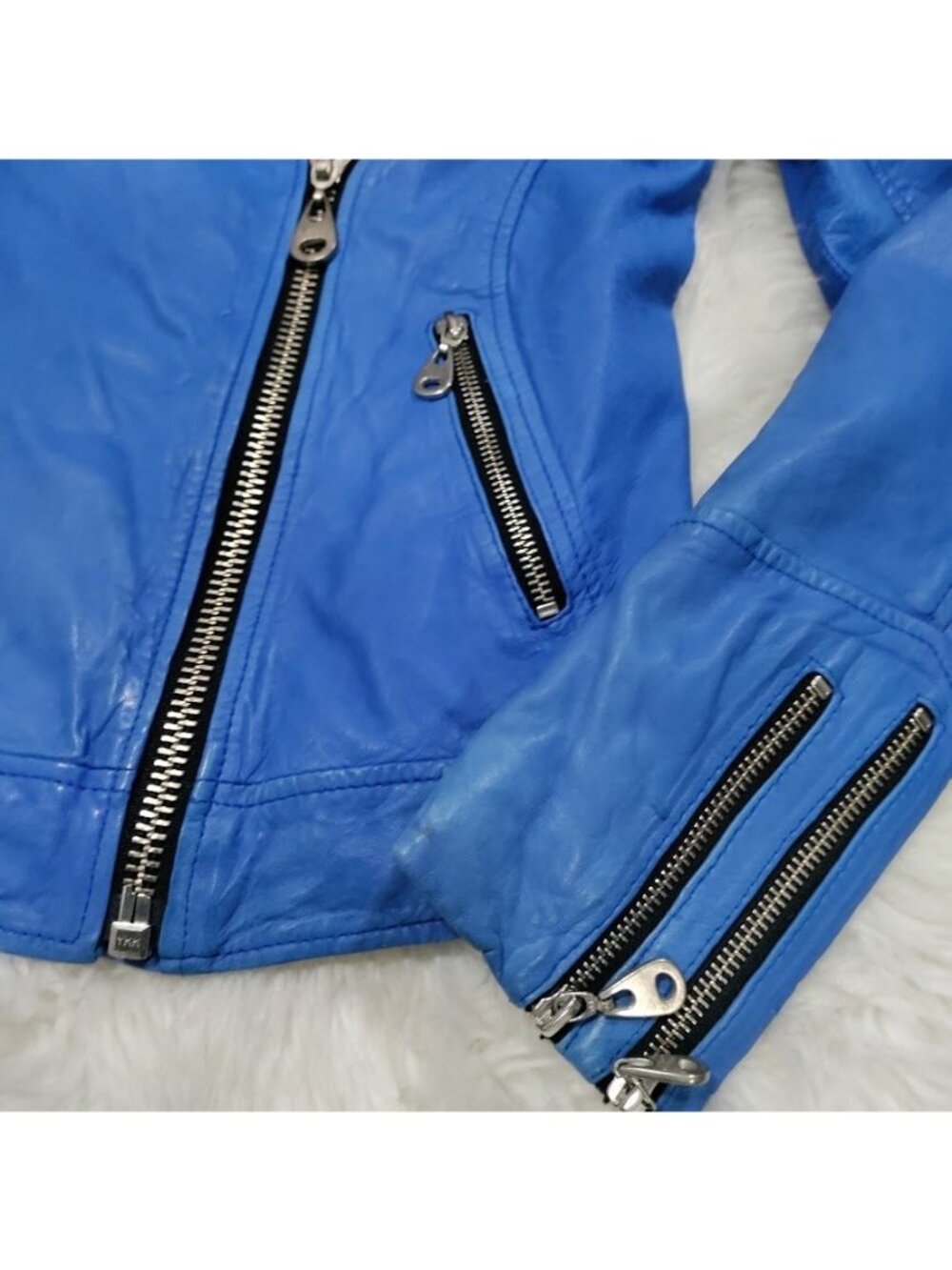 Doma Womens Blue Leather Moto Jacket XS With Zipper Details & Asymmetrical Front - Picture 7 of 15